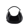 Minimalist black patent leather hobo bag with moon shape and silver metal hardware - Black