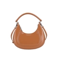 Brown patent leather crescent hobo bag with U-shaped embossing and silver hardware - Brown