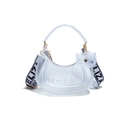 Transparent jelly hobo bag with embossed lettering and black white wide fabric strap - Clear