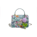 Floral print light blue shoulder bag with silver chain and handmade crochet charm - Blue Floral Style (199263-3) / Blue