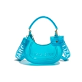 Blue semi-transparent jelly hobo bag with embossed logo and wide fabric shoulder strap - Transparent Blue