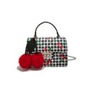 Crossbody bag with black and white plaid pattern featuring red cherry pom-pom charms - Black White Gingham Cherry Style (199263-3) / Black