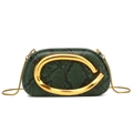 Chic green snakeskin bucket bag with iconic gold crescent metal ring and chain - Green