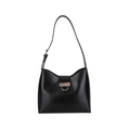 Schwarze Bucket Bag aus Rindsleder mit goldener Hufeisenschnalle und verstellbarem Gurt - Schwarz