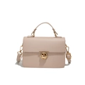 Chic beige lychee texture top handle bag with golden round metal twist lock detail - Apricot