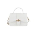 Elegant white litchi pattern leather handbag with gold metal lock and top handle - White