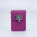 Fashionable magenta crossbody mobile bag with textured leather and silver lock charm - Metal Plate Padlock - Rose Red