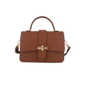 Brown lychee leather handbag with vintage gold buckle and detachable shoulder strap - Brown