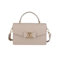Schicke beige Handtasche aus Leder mit goldenem Bogenschloss und verstellbarem Schultergurt - Aprikose