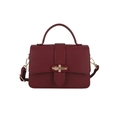 Minimalist burgundy litchi grain leather crossbody bag with golden metal twist lock - Wine Red