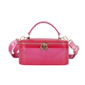 Pink translucent jelly box bag with dual zippers and wide lettered crossbody strap - Translucent Rose Red
