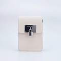 Beige Saffiano leather crossbody bag with silver MARC KROS logo plate and padlock decoration - Metal Plate Padlock - Beige