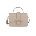 Elegant beige pebbled leather handbag with gold bar buckle and detachable shoulder strap - Apricot