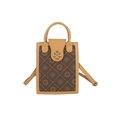 Vertikale kleine quadratische Tasche aus braunem Leder mit Canvas und Goldblumenschloss - Braun