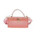 Pink semi-transparent jelly box bag with lettered wide strap and golden dual zippers - Transparent Pink