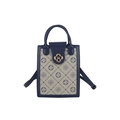 Dunkelblaue Umhängetasche mit Vintage-Monogramm und goldener Magnetverschluss-Blume - Graublau