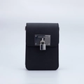 Vertical black crossbody bag in Saffiano leather texture with silver metal hardware - Metal Plate Padlock - Black