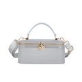 Silver translucent small box bag with gold zippers and white lettered crossbody strap - Clear White