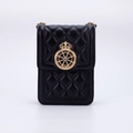 Elegant black quilted crossbody bag with a large gold crown emblem and chain strap - Quilted Crown Buckle - Black