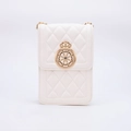 Ivory quilted leather mini crossbody bag with golden crown hardware and chain strap - Quilted Crown Buckle - Beige