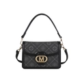 Bolso bandolera para mujer en lona con monograma gris con ribete de cuero negro y hebilla dorada - Negro