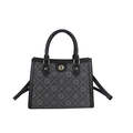 Boston-Handtasche mit grauem Monogramm-Muster, schwarzem Besatz und goldener Hardware - Schwarz