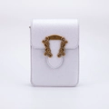 Silver pebble leather crossbody bag with vintage gold metal lock and M branding - Litchi Grain Vintage Buckle - Silver