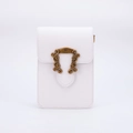 White pebbled leather crossbody bag featuring vintage brass buckle and flap closure - Litchi Grain Vintage Buckle - White