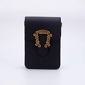 Minimalist black lychee leather crossbody bag with golden M engraved metal buckle - Litchi Grain Vintage Buckle - Black