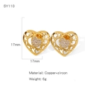 Detail view of heart-shaped gold studs with zircon stones and dimensions 17mm - Golden Hollow Heart Style (SY110)