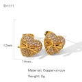 Macro detail of heart-shaped bow stud earrings with white cubic zirconia and gold plating - Bowknot Heart Style (SY111)