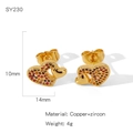 Detail view showing dimensions of double heart zircon earrings in copper gold finish - Colored Zircon Double Heart Style (SY230)