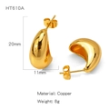 Polished golden copper waterdrop stud earrings with dimensions 20mm by 11mm - Small Water Drop Style (HT610A)
