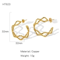 Goldene unregelmäßige C-Förmige Creolen mit Hammerschlag Textur aus Kupfer Material - Wellenmuster Gehammerter Creolen-Stil (HT623)