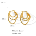 Three-layer gold-plated copper hoop earrings featuring engraved Greek fret patterns - Greek Key Triple Hoop Style (HT533)