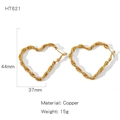Boucles d'oreilles cœur dorées avec texture torsadée en cuivre, hauteur 44mm - Style Coeur Torsadé (HT621)