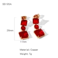 Elegant gold-plated earrings with three vertical deep red gemstones, 26mm x 11mm size - Deep Red Gemstone Vertical (NYH-SS195A)