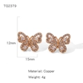 Boucles d'oreilles papillon en or rose avec zircons et base en cuivre élégante - Style Papillon Incrusté (NYH-TG2379)