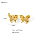Golden butterfly earrings in brass with drop-shaped gemstones and pleated metal texture - Teardrop Crystal Ruffled Butterfly Earrings (NYH-MSH505A)