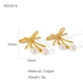 Elegant gold butterfly bow earrings with white pearls and diamonds, copper material, 5g - Rhinestone Pearl Pendant Bowknot Earrings (NYH-WD2919)