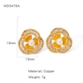 Elegant golden flower earrings with white pearl and micro-pave zircons for women - Pave Pearl Style (WD3478A)
