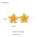 Exquisite golden five-petal flower stud earrings with a single crystal center in 17mm size - Beaded Five-petal Flower Style (WD3536A)