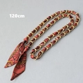Detail of 120cm golden chain strap interwoven with a red floral silk scarf for handbags - Red Orange Print Style (7)