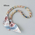 60cm silk scarf intertwined with light gold metal chain strap for stylish handbags - Pink Blue White Floral Stripe Style (7) / Gold
