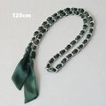 Detail view of 120cm dark green satin silk ribbon woven through a silver metal handbag chain - Dark Green (Silver)