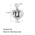 Pendentif cœur en acier inoxydable avec lettre U gravée et dimensions détaillées - Couleur Acier-U
