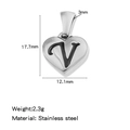 Pendentif coeur en acier inoxydable argenté avec lettre V noire et dimensions - Couleur Acier-V