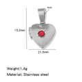 Silver stainless steel heart locket pendant with red gemstone and dimensions detail - Steel Color (Red Zircon)
