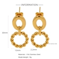Detailed view of gold stainless steel twisted hoop earrings with size and weight specs - Oval Twist Rope Style (HE0028G)