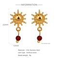 Detail of sunflower gold earrings with ruby stones and precise 22mm size dimensions - Sun Shape Red Bead Style (HE0045G)